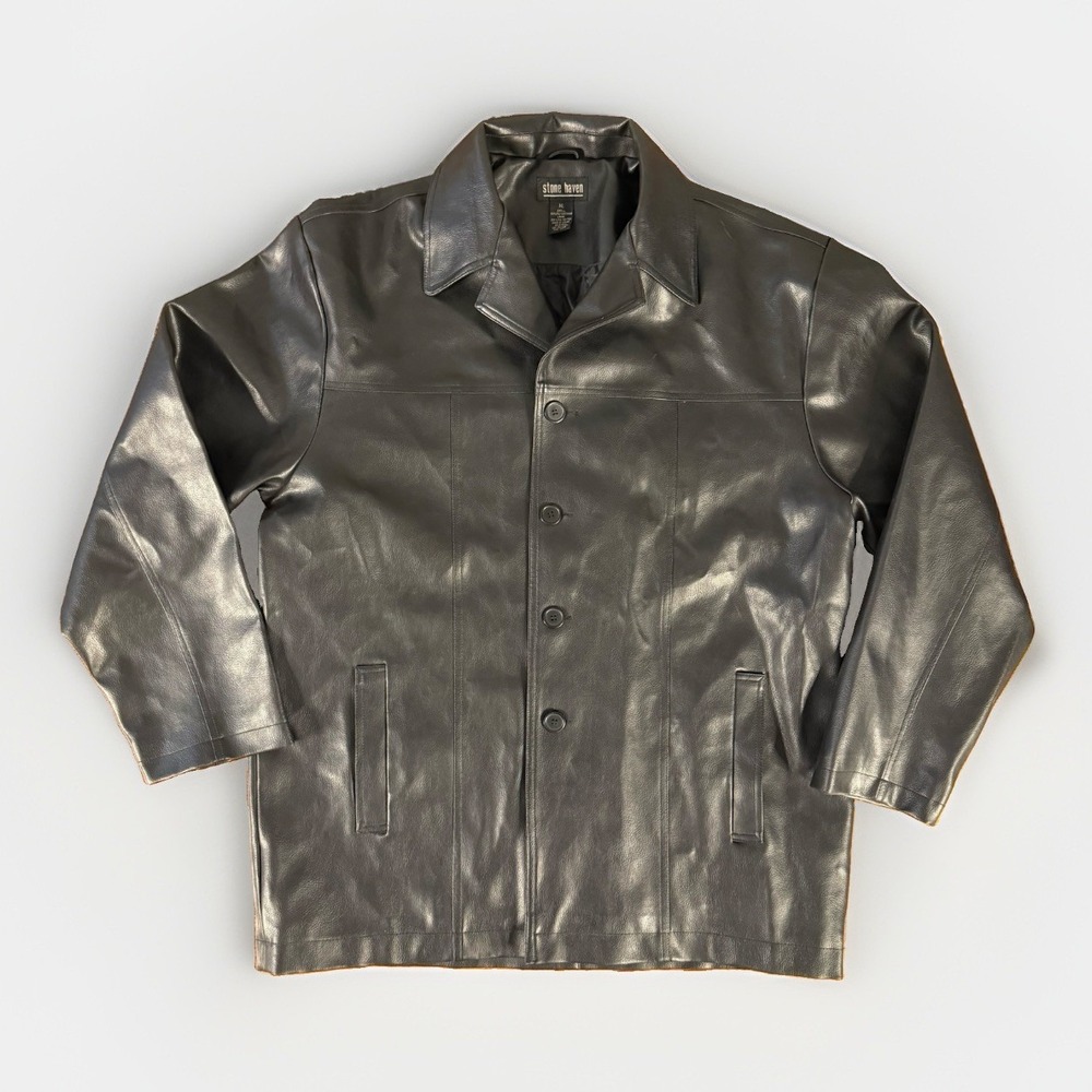 Vintage Stone Haven Men's Leather Button-Down Car Coat In A Sleek Black Size XL